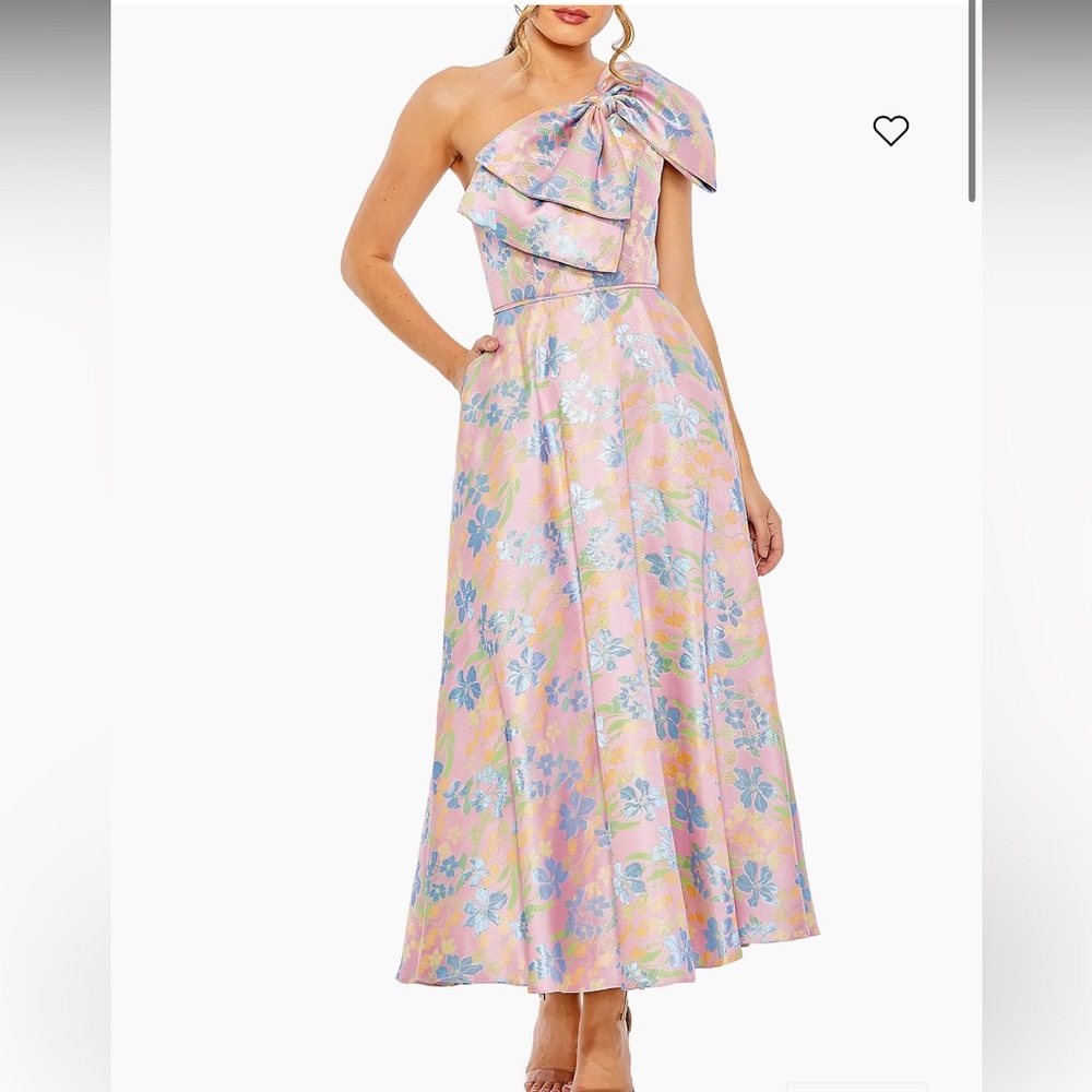 Ieena Mac Duggal Pink Bow Satin Midi Floral One-Shoulder Dress